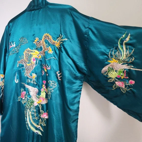 Vintage Silk Robe Phoenix Dragon Motif Teal Blue Medium